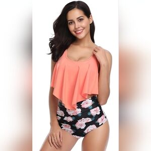 Two Piece Bathing Suit Top Ruffled Racerback High Waisted Tankini LARGE